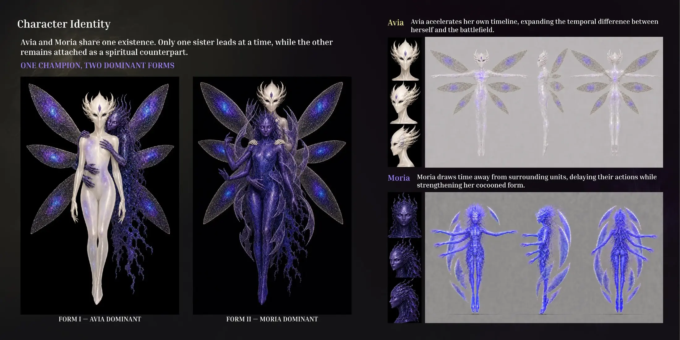 Avia and Moria character identities and contrasting silhouettes
